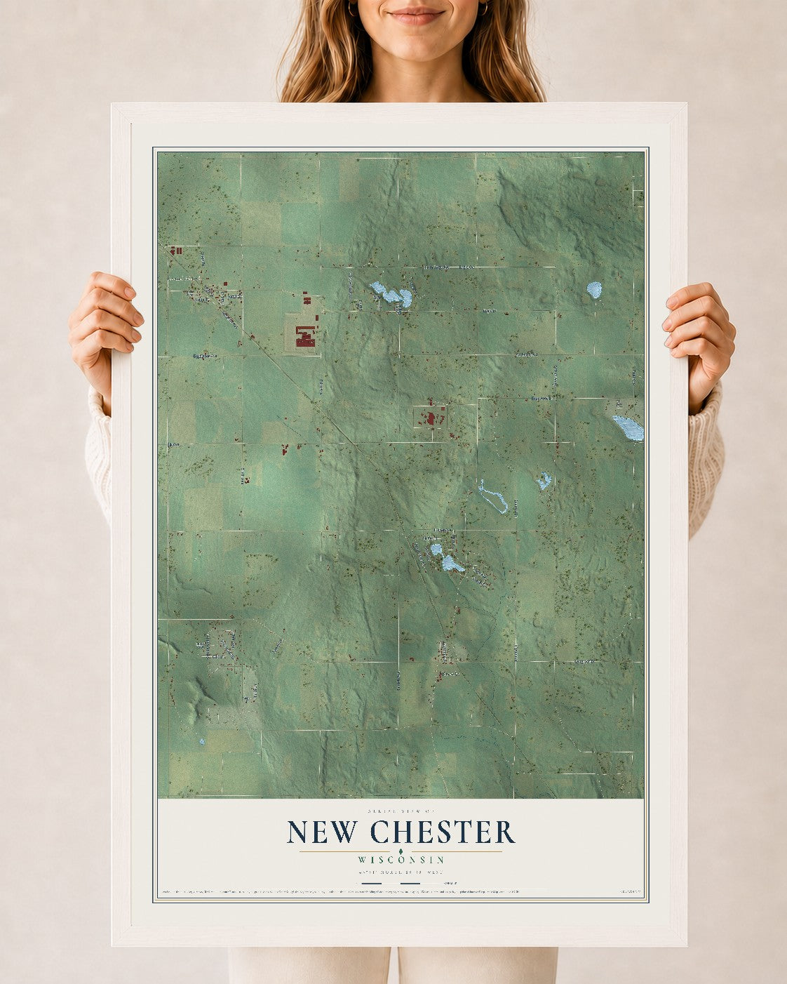 Map of New Chester, Wisconsin, 24 x 36 inch print in a white wood frame