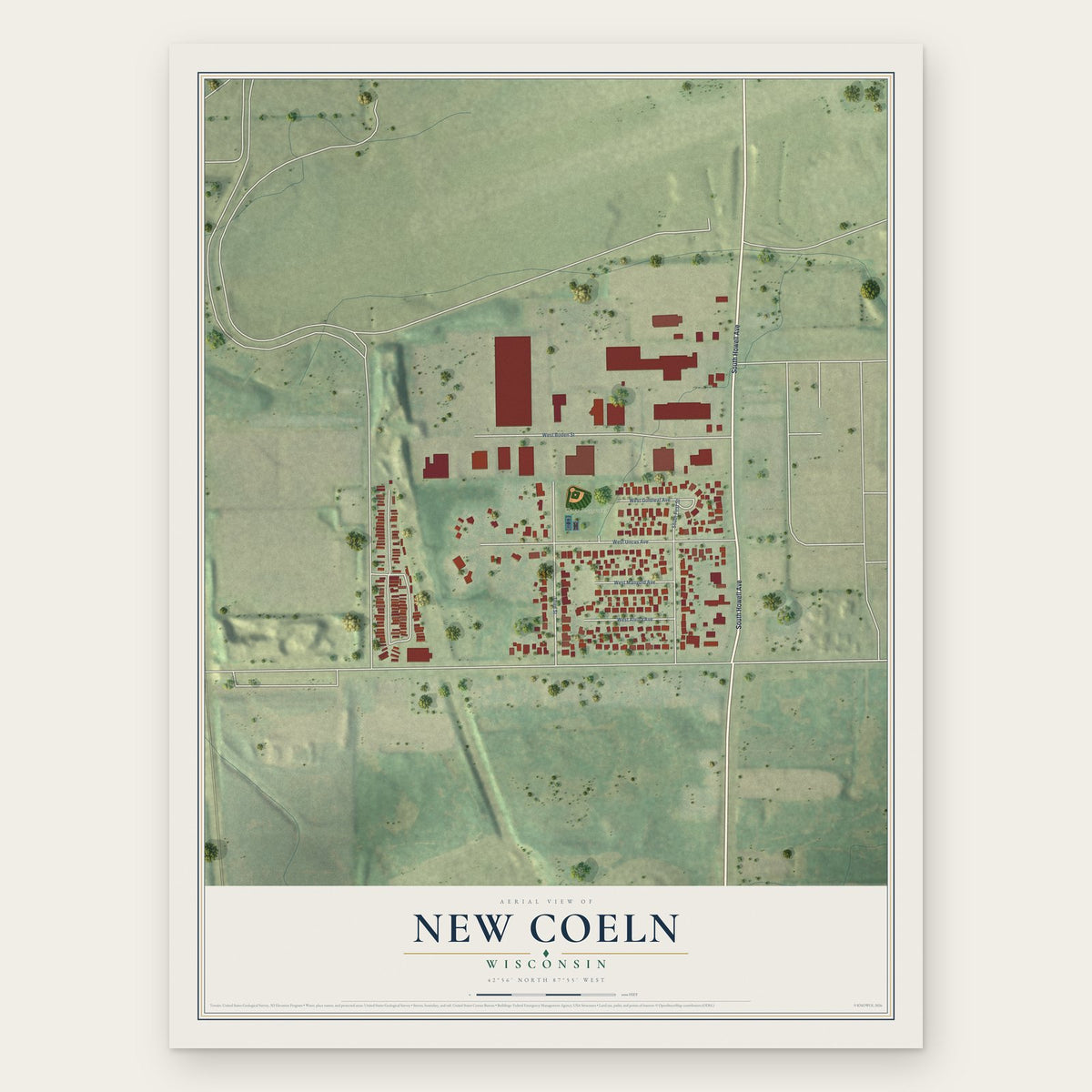 New Coeln, Wisconsin map print, the full design