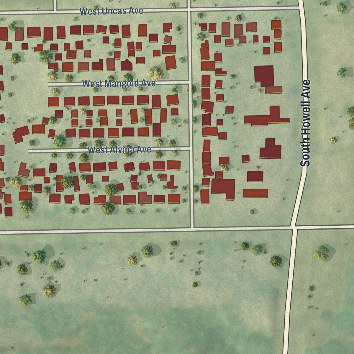 Close-up of the map of New Coeln, Wisconsin print showing street and building detail