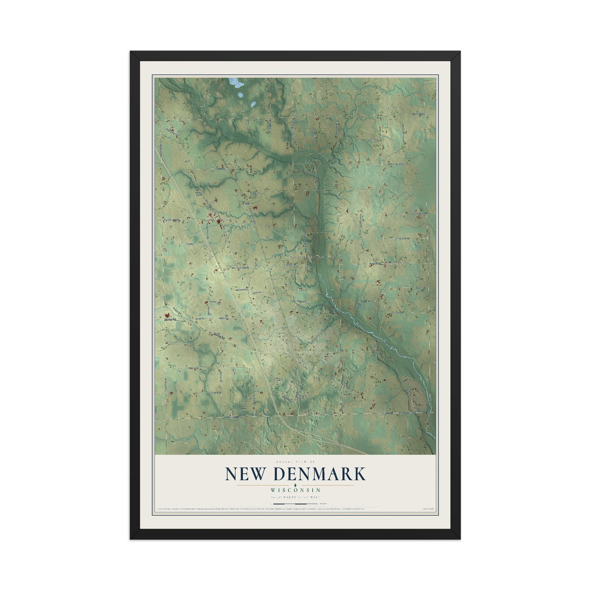 Map of New Denmark, Wisconsin, 12 x 18 inch print in a black wood frame