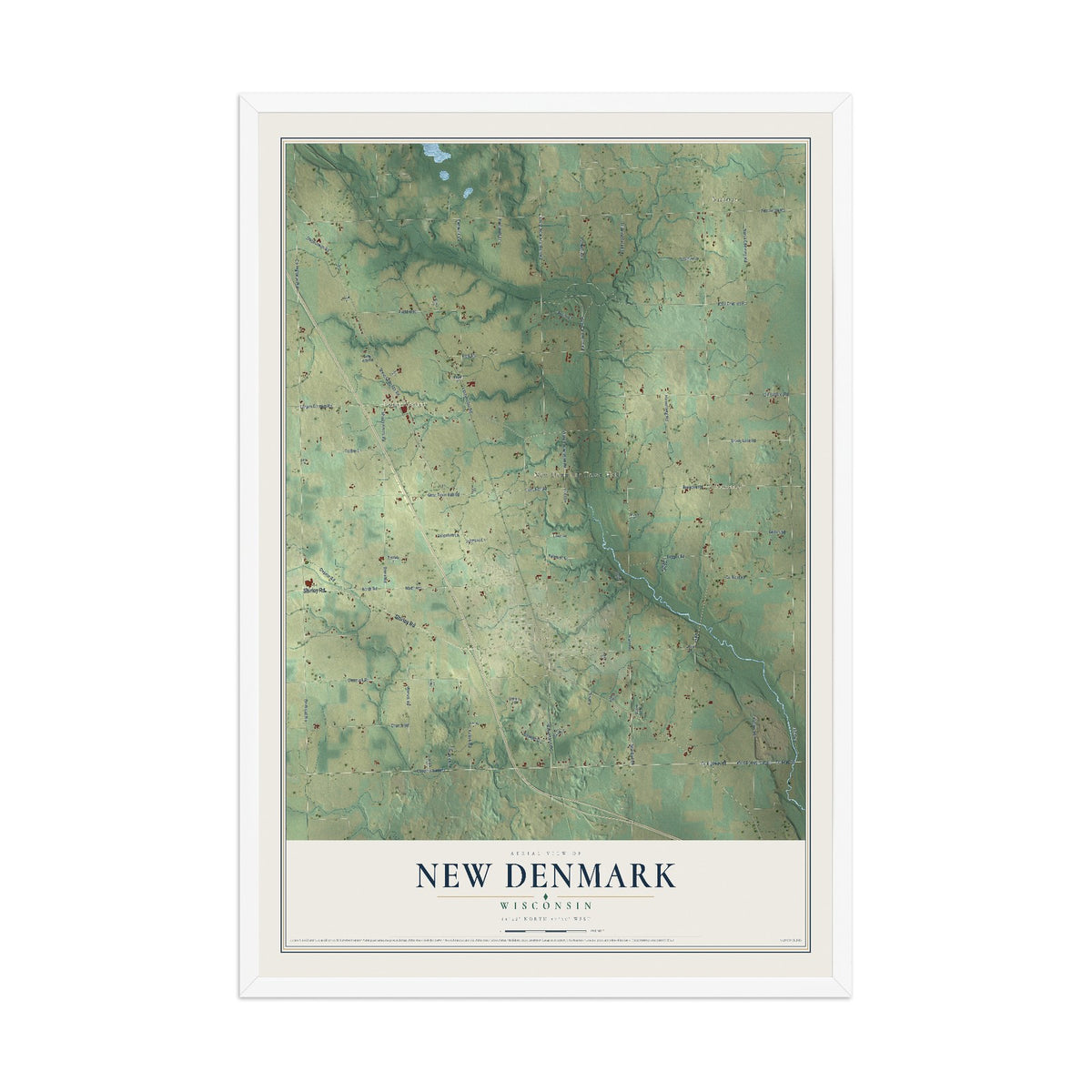 Map of New Denmark, Wisconsin, 12 x 18 inch print in a white wood frame