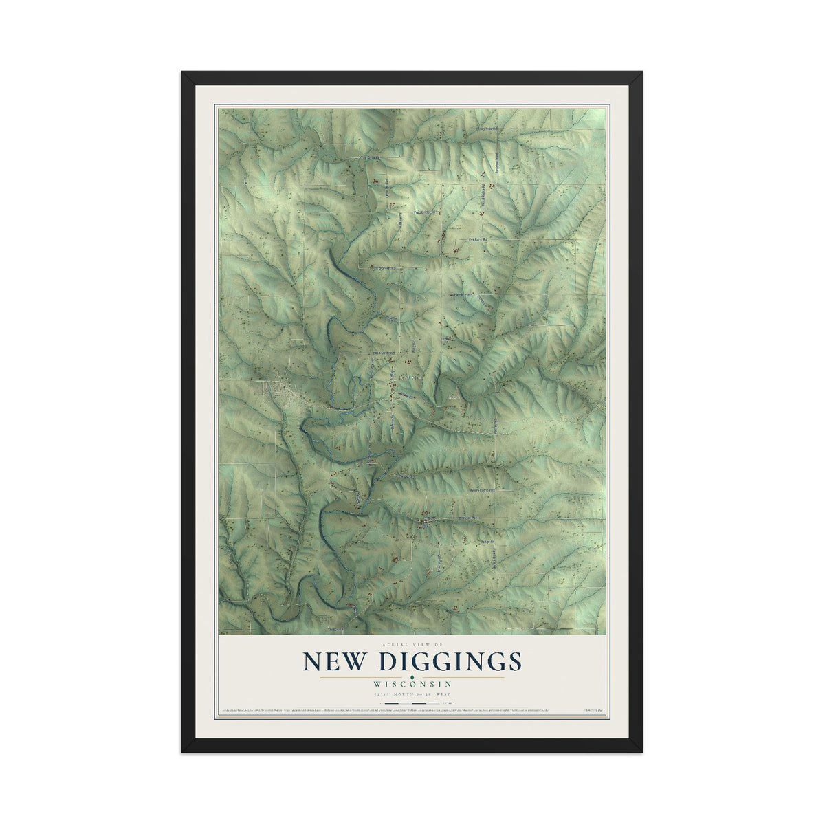 Map of New Diggings, Wisconsin, 12 x 18 inch print in a black wood frame