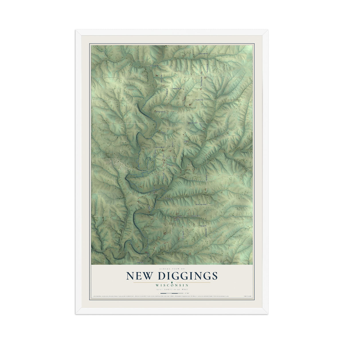 Map of New Diggings, Wisconsin, 12 x 18 inch print in a white wood frame