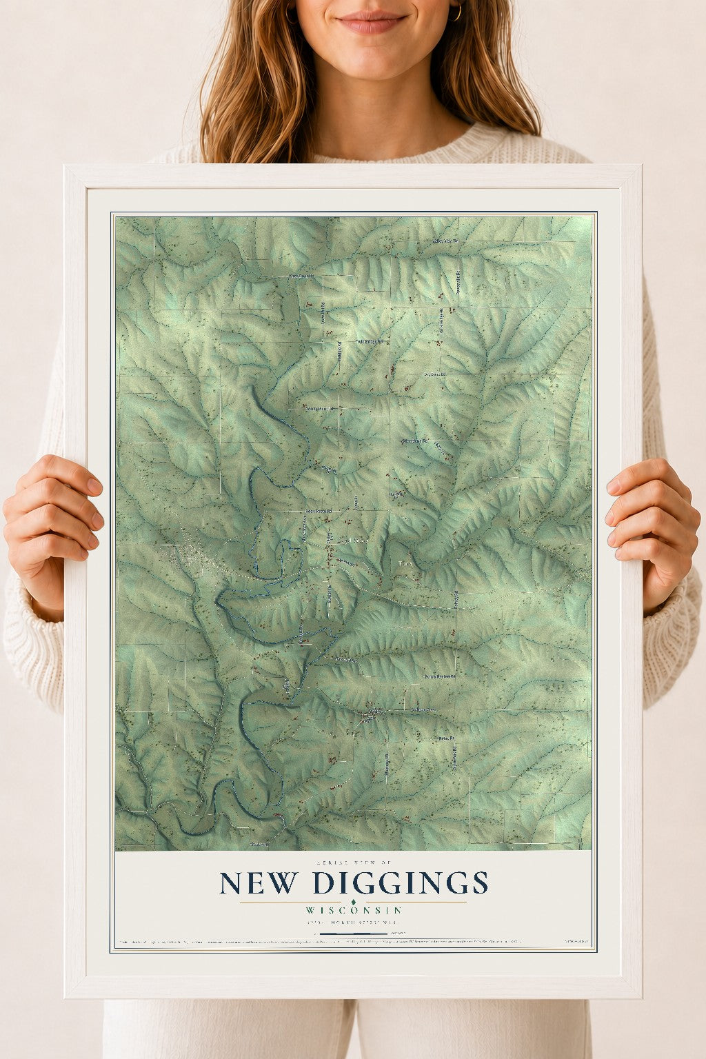 Map of New Diggings, Wisconsin, 18 x 24 inch print in a white wood frame