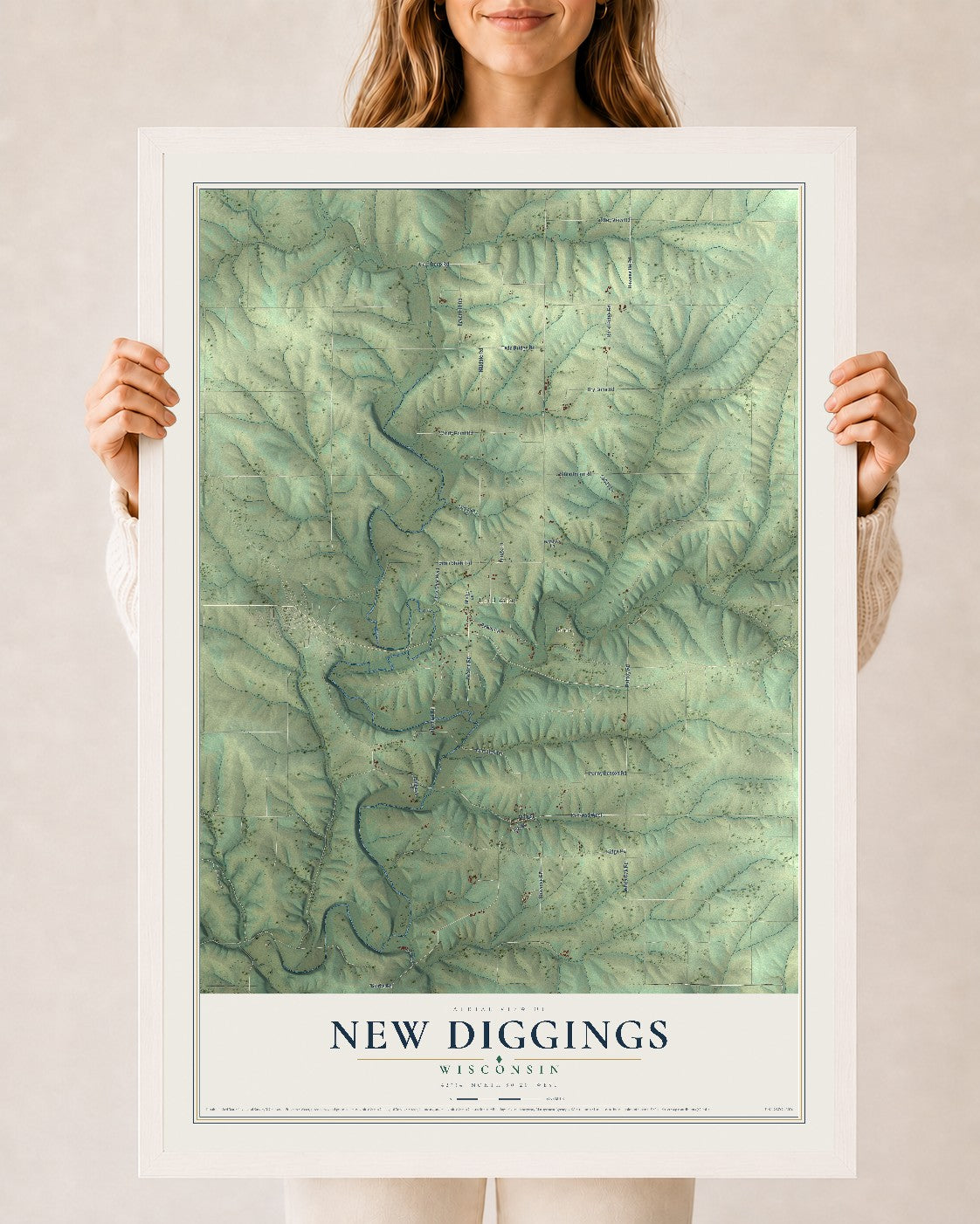 Map of New Diggings, Wisconsin, 24 x 36 inch print in a white wood frame