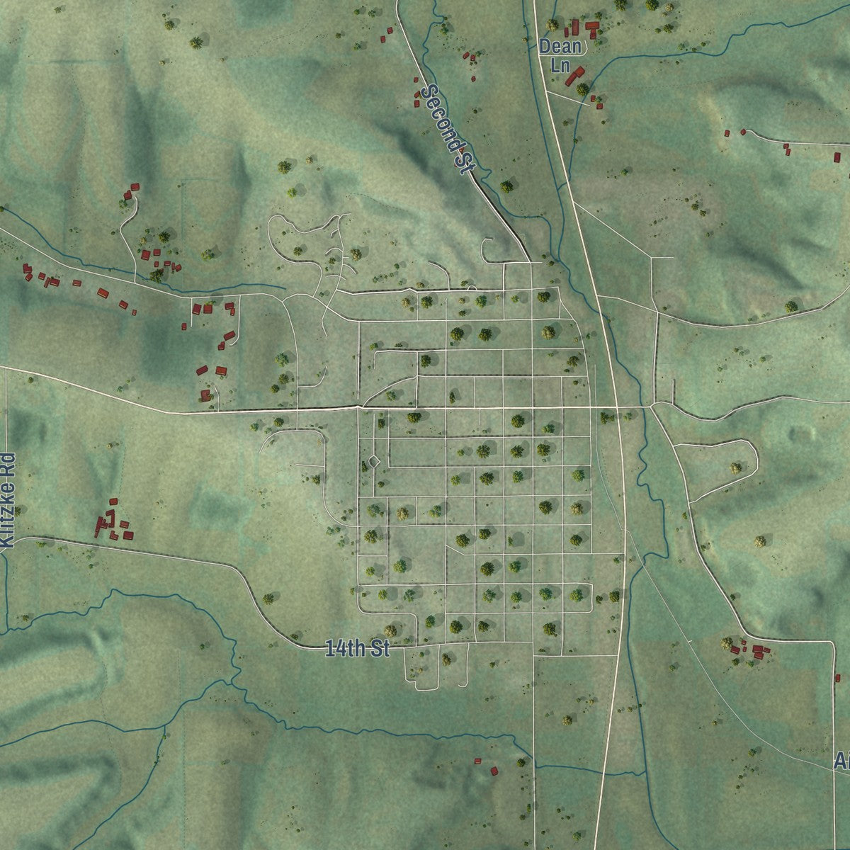 Second close-up of the map of the Town of New Glarus, Wisconsin print showing more streets and buildings