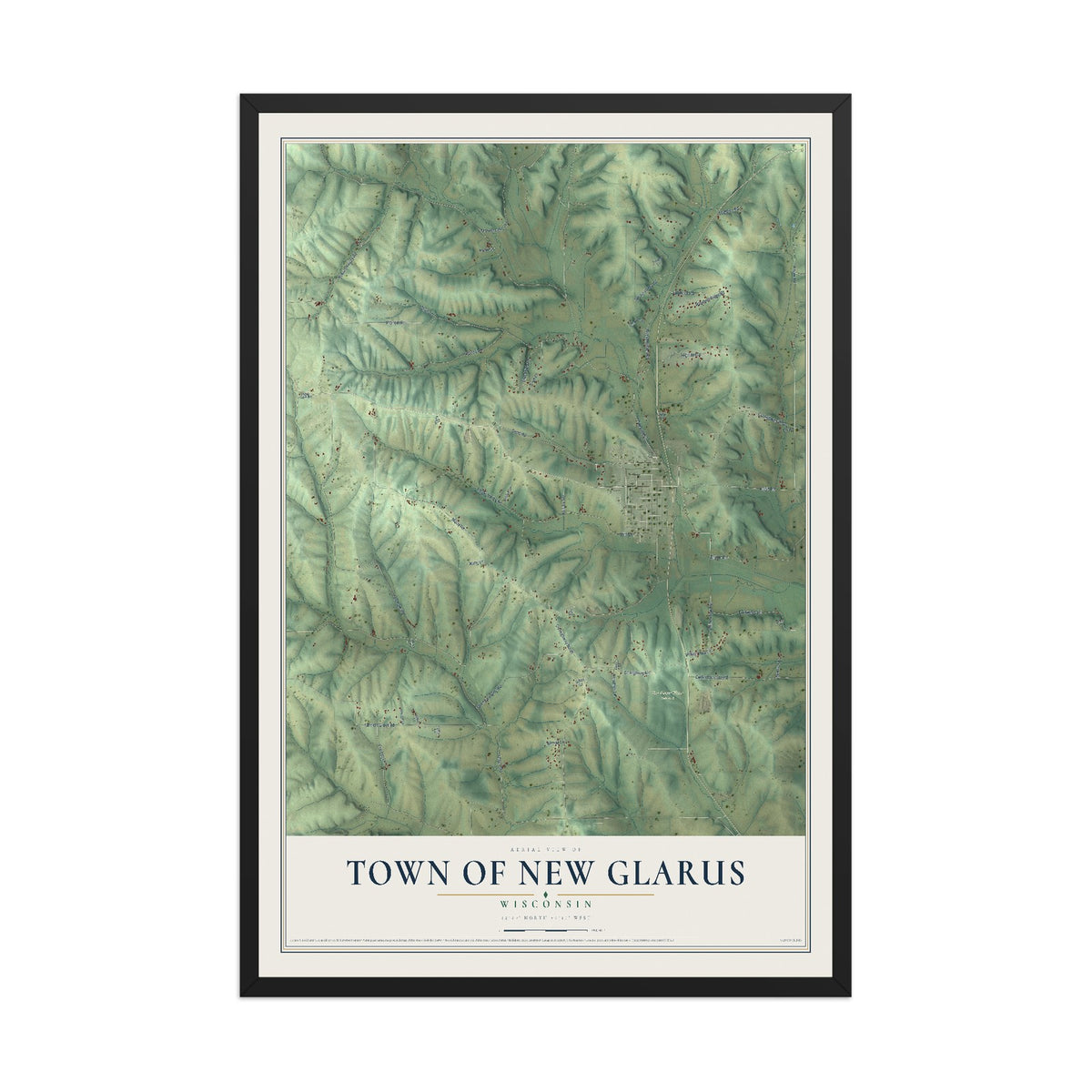Map of the Town of New Glarus, Wisconsin, 12 x 18 inch print in a black wood frame