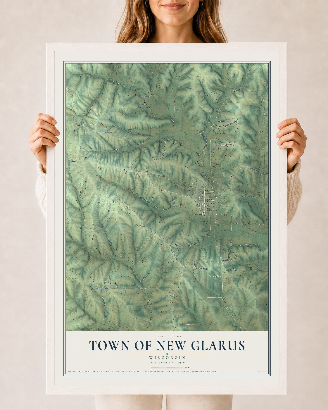 Map of the Town of New Glarus, Wisconsin, 24 x 36 inch print in a white wood frame