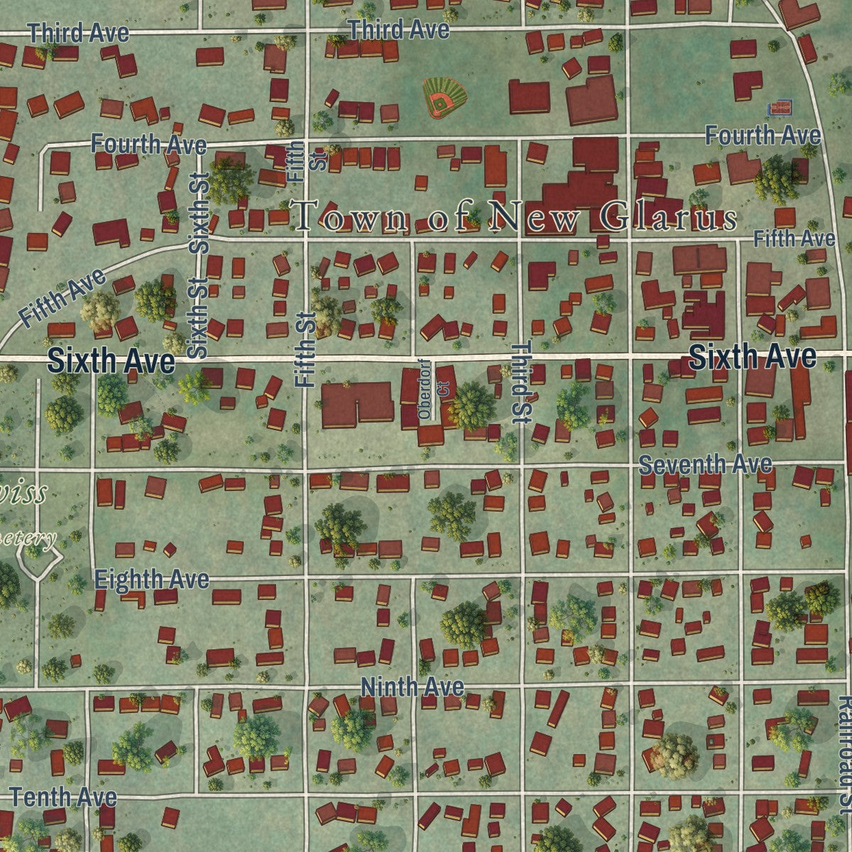 Close-up of the map of New Glarus, Wisconsin print showing street and building detail