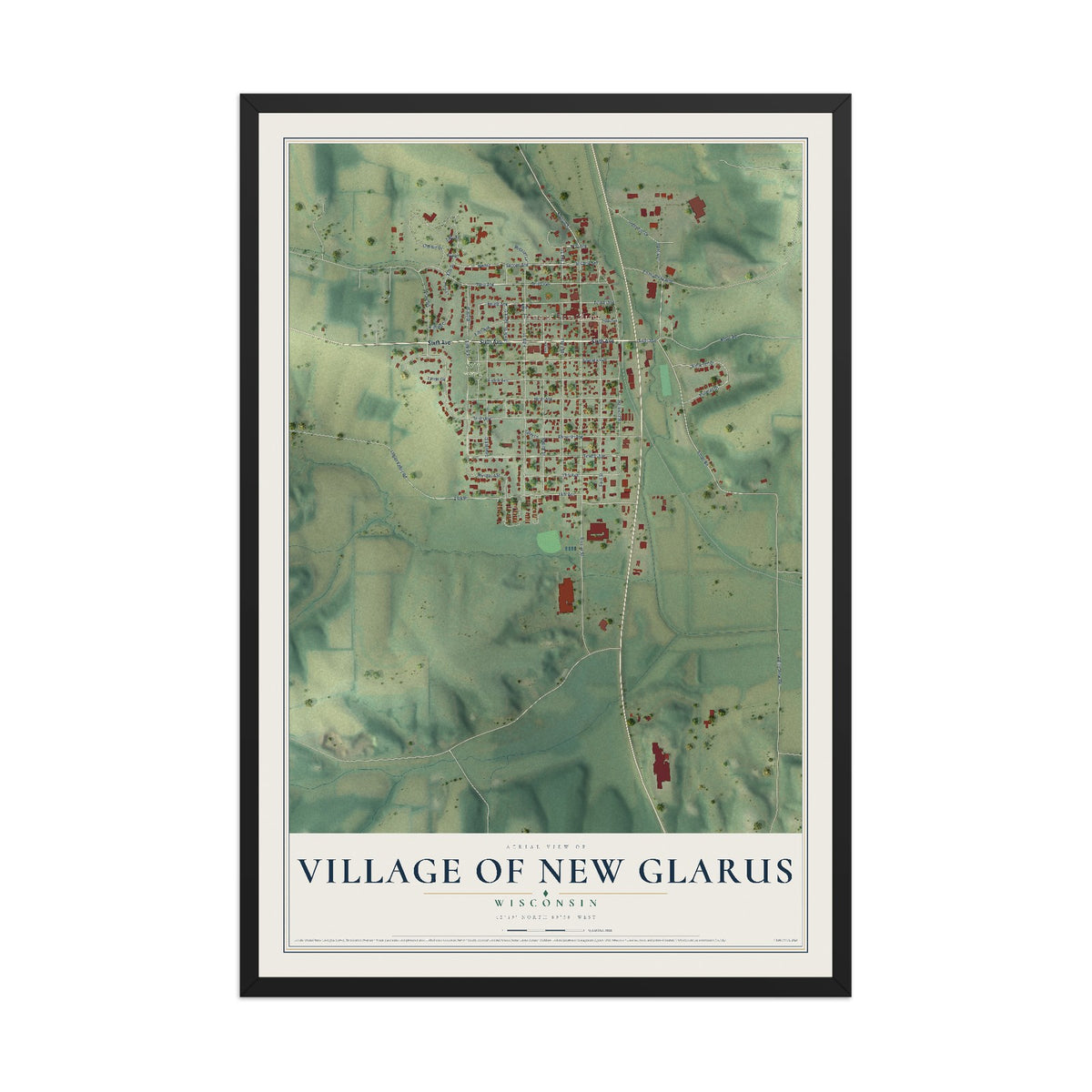 Map of New Glarus, Wisconsin, 12 x 18 inch print in a black wood frame