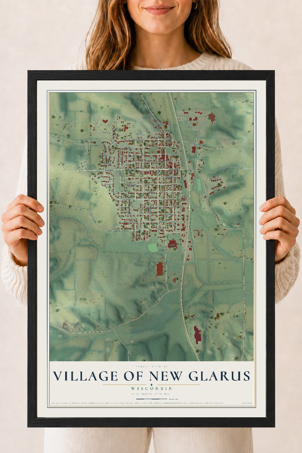 Map of New Glarus, Wisconsin, 18 x 24 inch print in a black wood frame