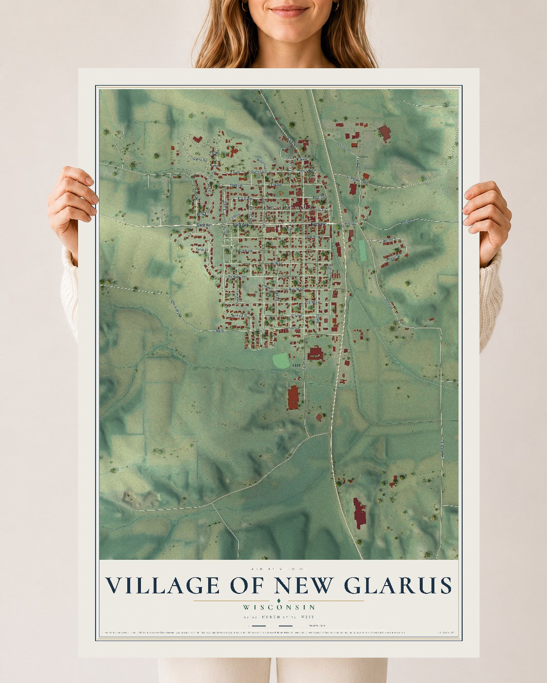Map of New Glarus, Wisconsin, 24 x 36 inch unframed archival matte print