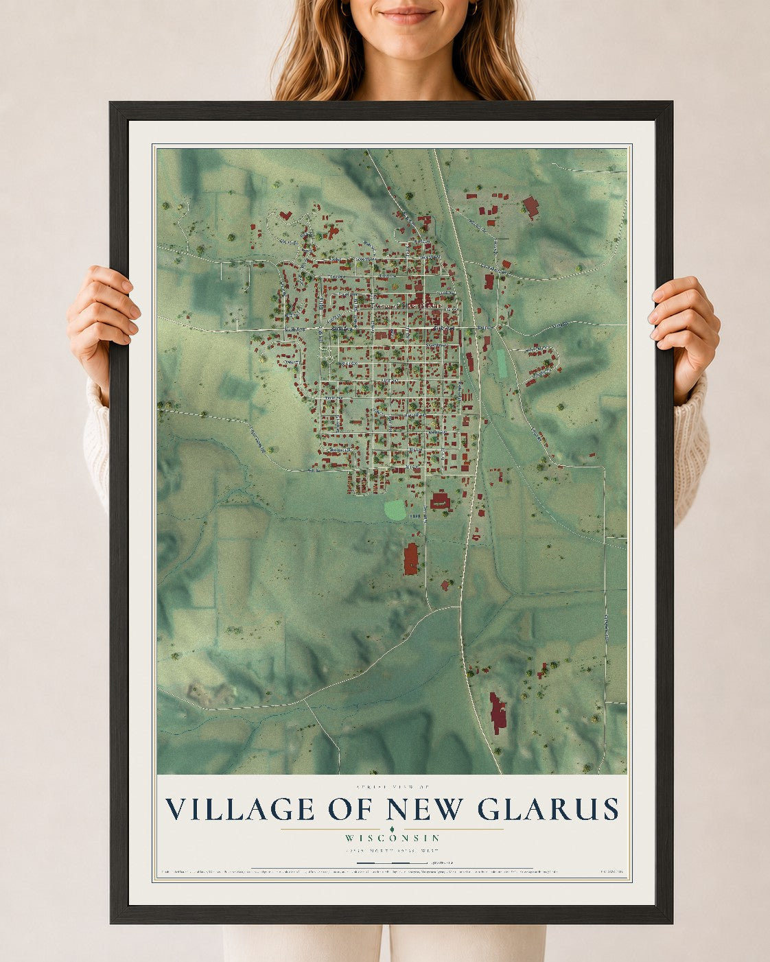Map of New Glarus, Wisconsin, 24 x 36 inch print in a black wood frame
