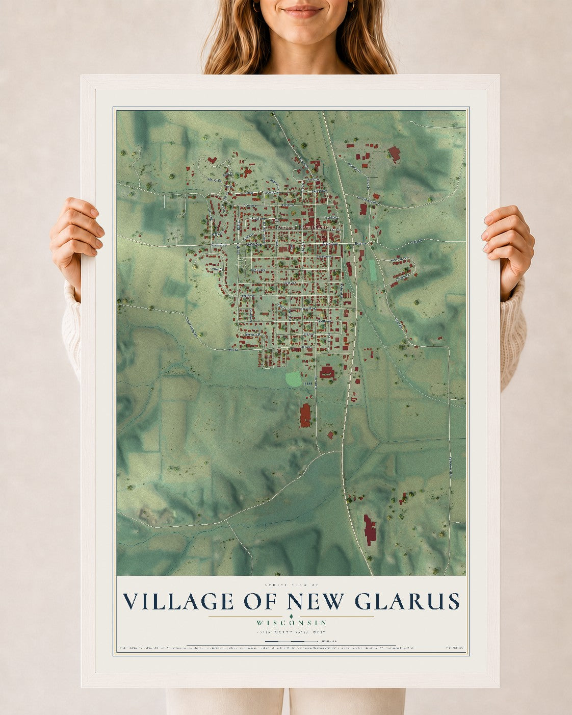 Map of New Glarus, Wisconsin, 24 x 36 inch print in a white wood frame