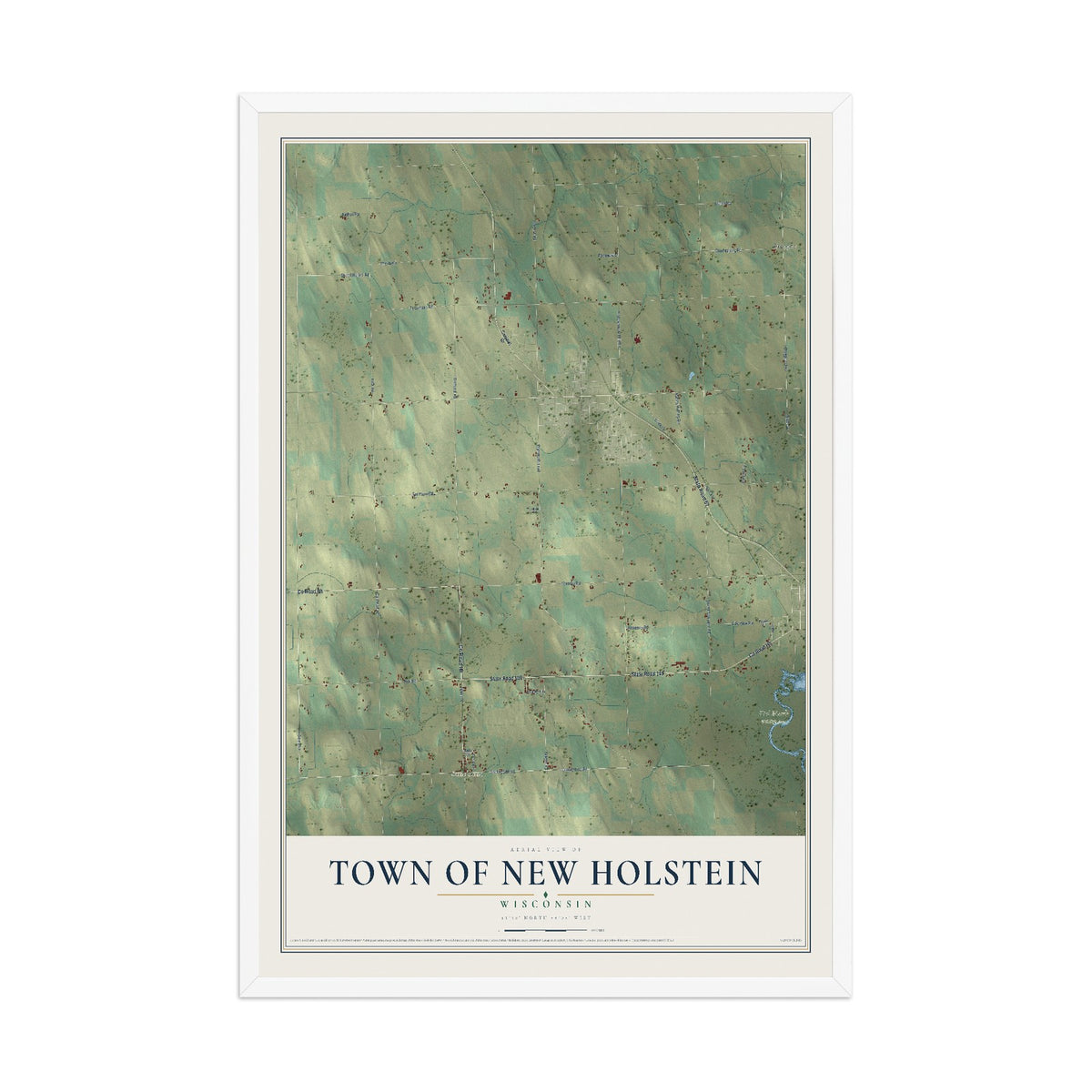 Map of the Town of New Holstein, Wisconsin, 12 x 18 inch print in a white wood frame