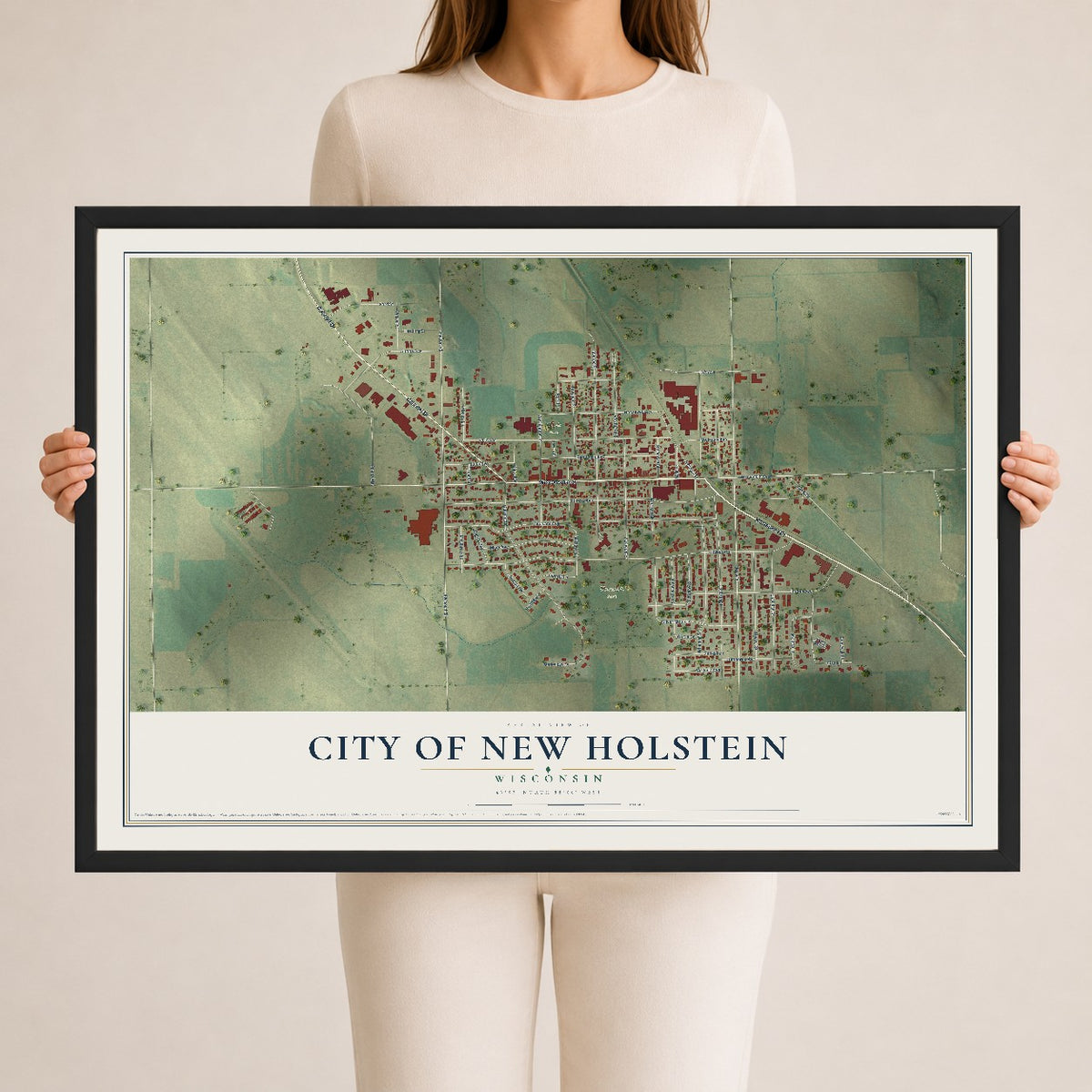Map of New Holstein, Wisconsin, 24 x 36 inch print in a black wood frame