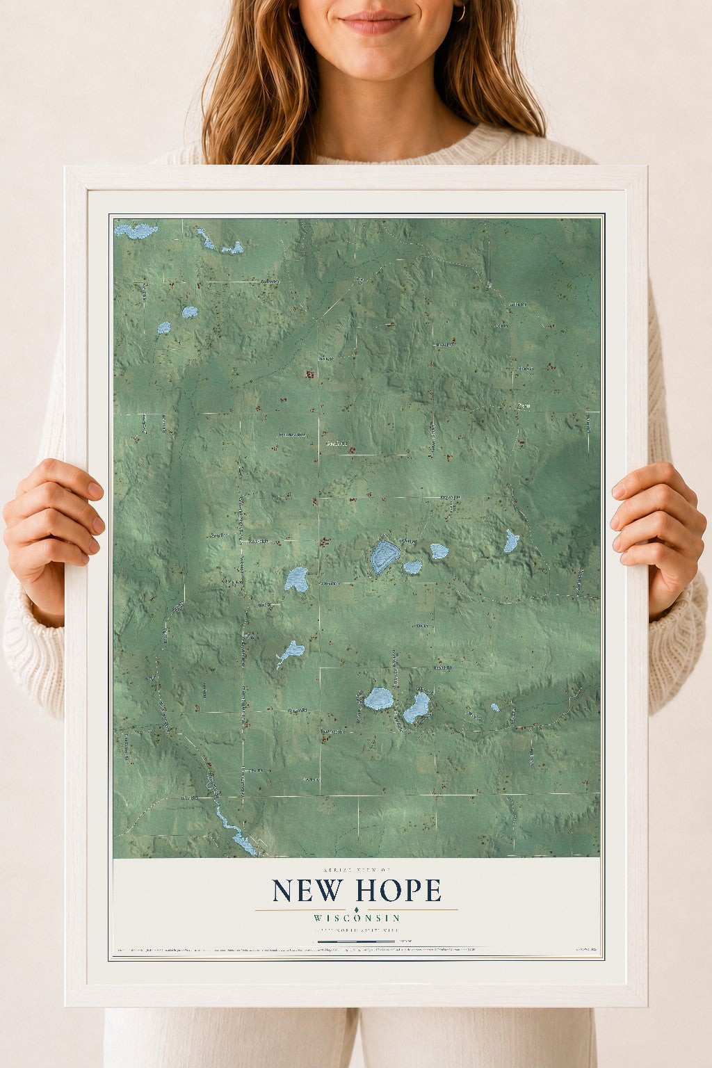 Map of New Hope, Wisconsin, 18 x 24 inch print in a white wood frame