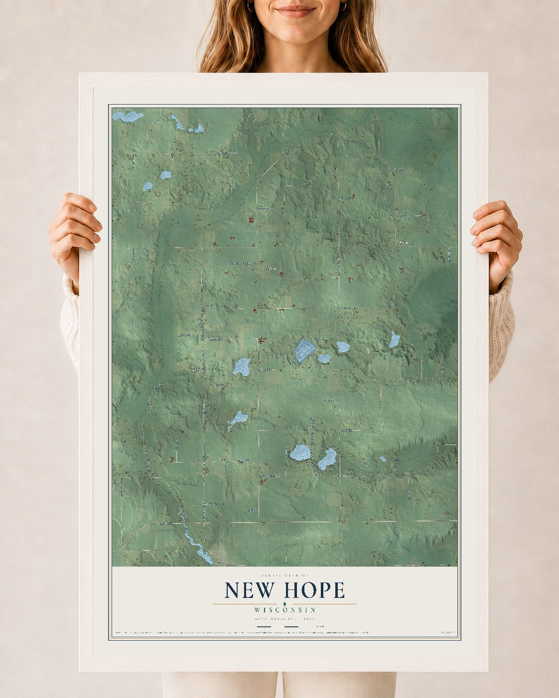 Map of New Hope, Wisconsin, 24 x 36 inch print in a white wood frame