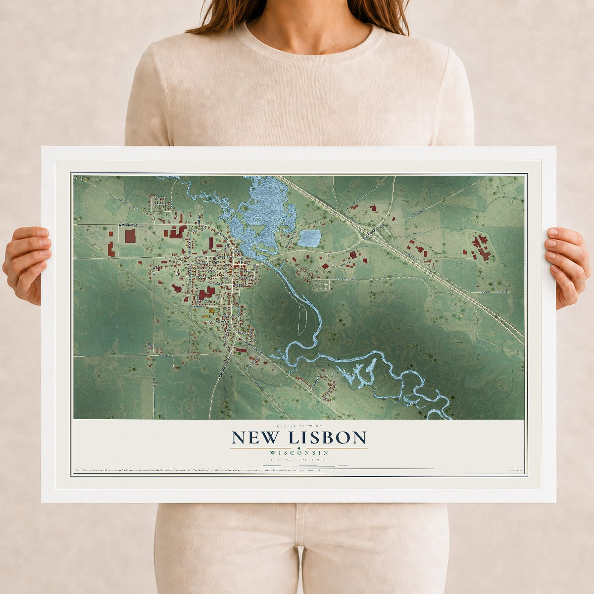 Map of New Lisbon, Wisconsin, 12 x 18 inch print in a white wood frame