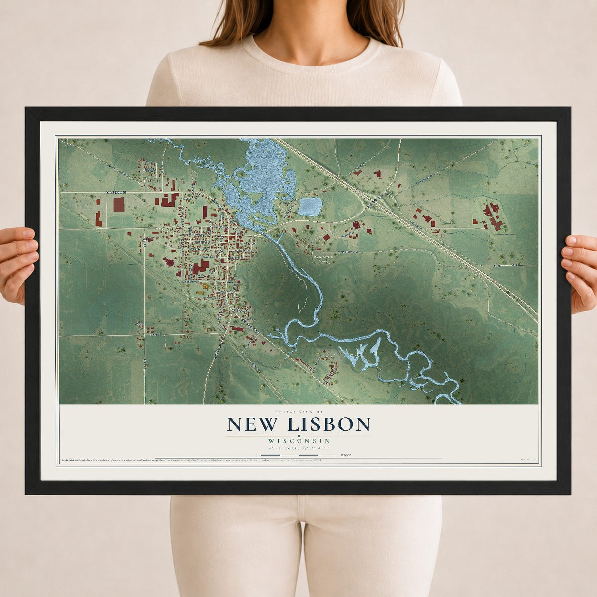 Map of New Lisbon, Wisconsin, 18 x 24 inch print in a black wood frame