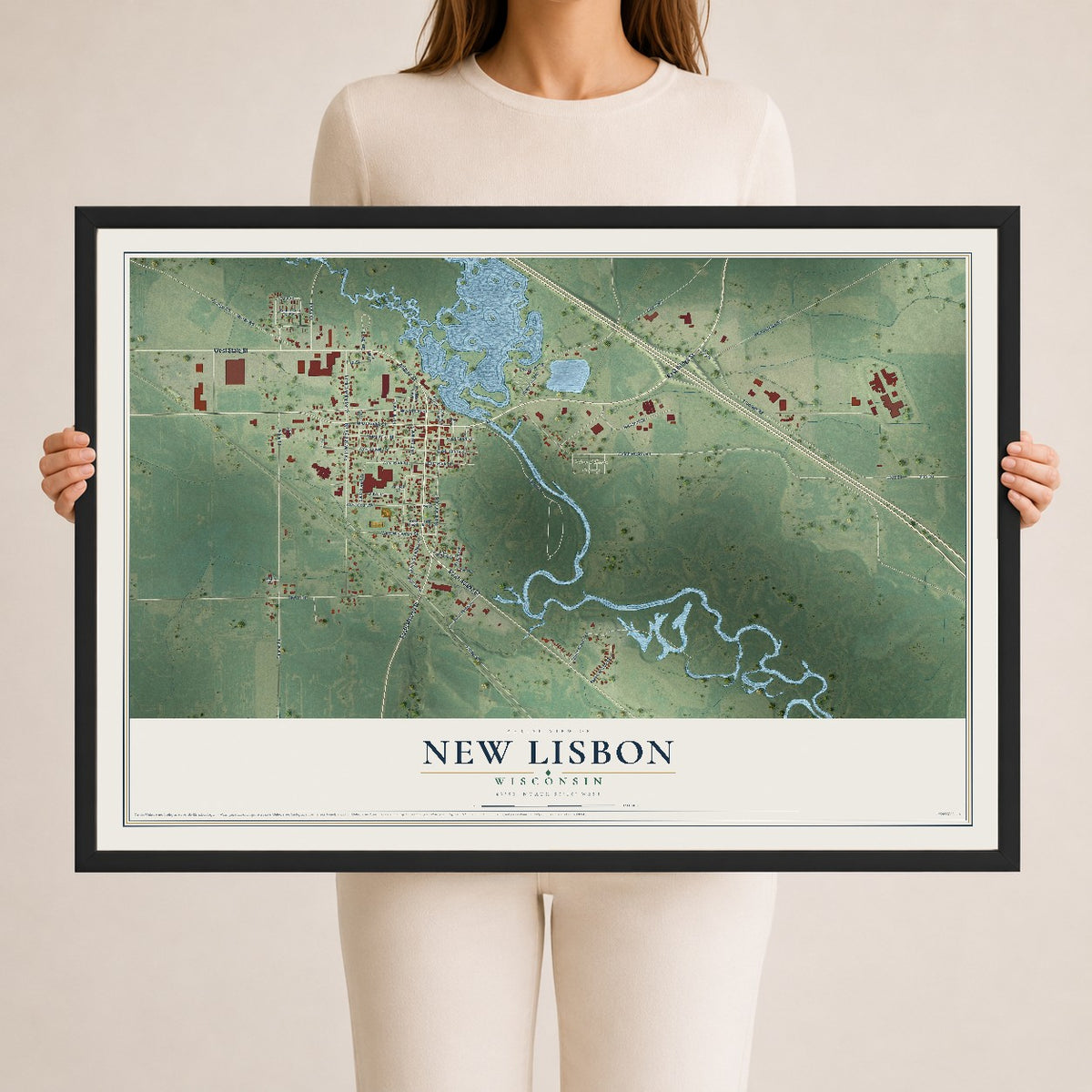 Map of New Lisbon, Wisconsin, 24 x 36 inch print in a black wood frame