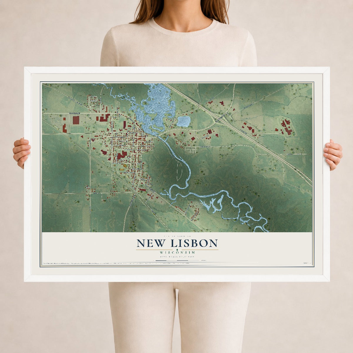 Map of New Lisbon, Wisconsin, 24 x 36 inch print in a white wood frame