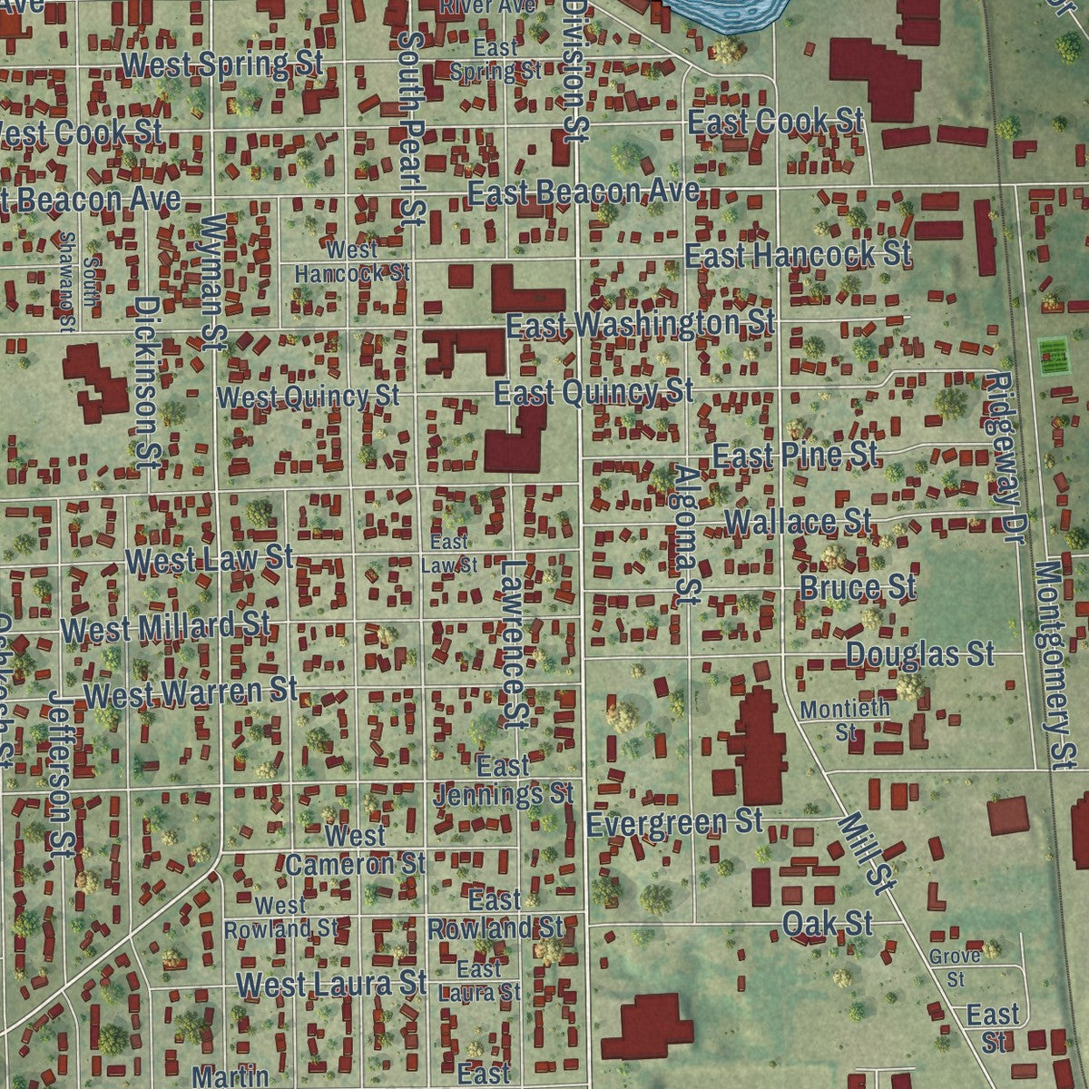 Close-up of the map of New London, Wisconsin print showing street and building detail