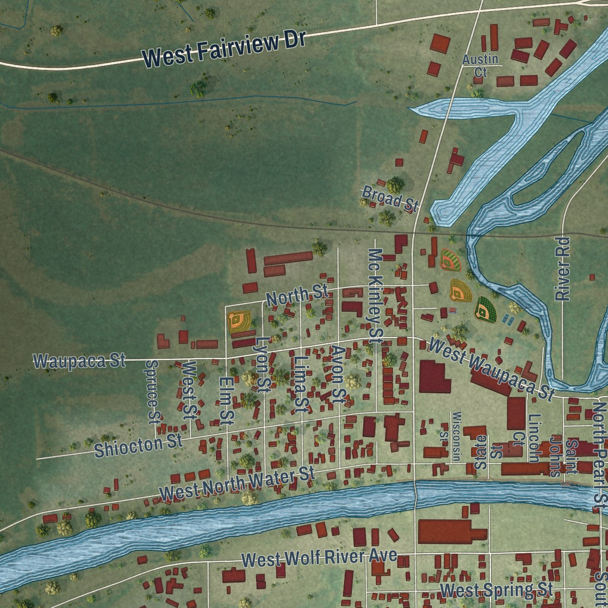 Second close-up of the map of New London, Wisconsin print showing more streets and buildings