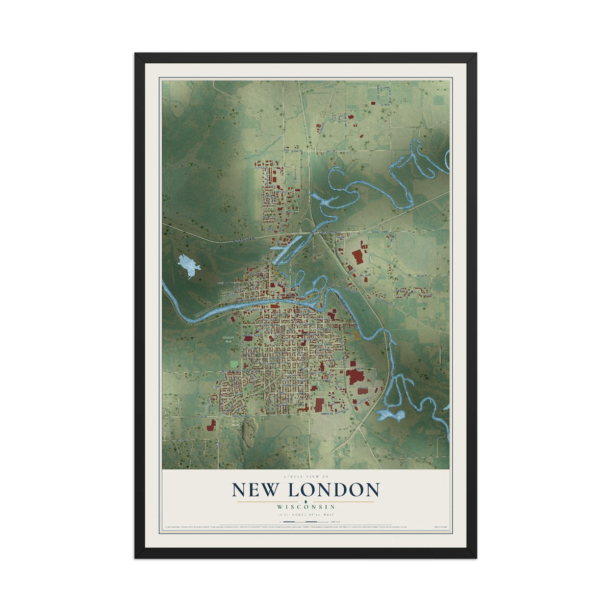 Map of New London, Wisconsin, 12 x 18 inch print in a black wood frame