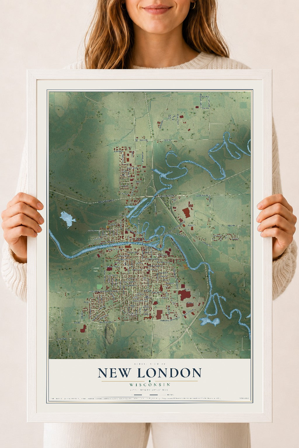Map of New London, Wisconsin, 18 x 24 inch print in a white wood frame