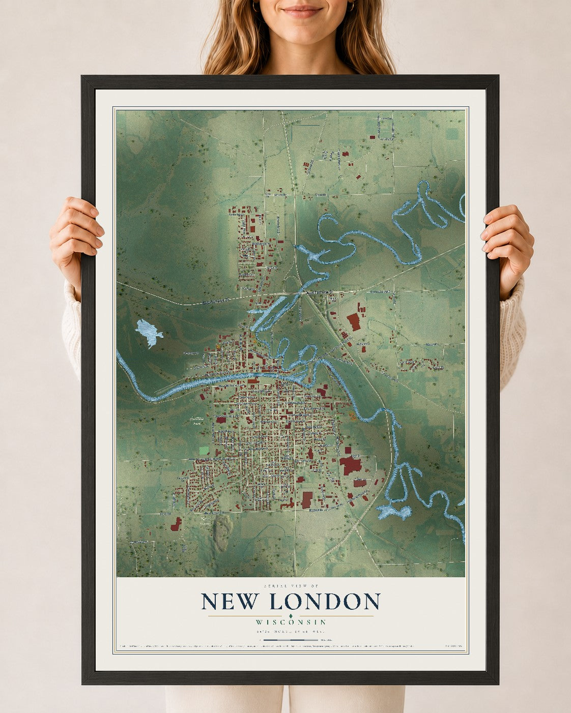 Map of New London, Wisconsin, 24 x 36 inch print in a black wood frame