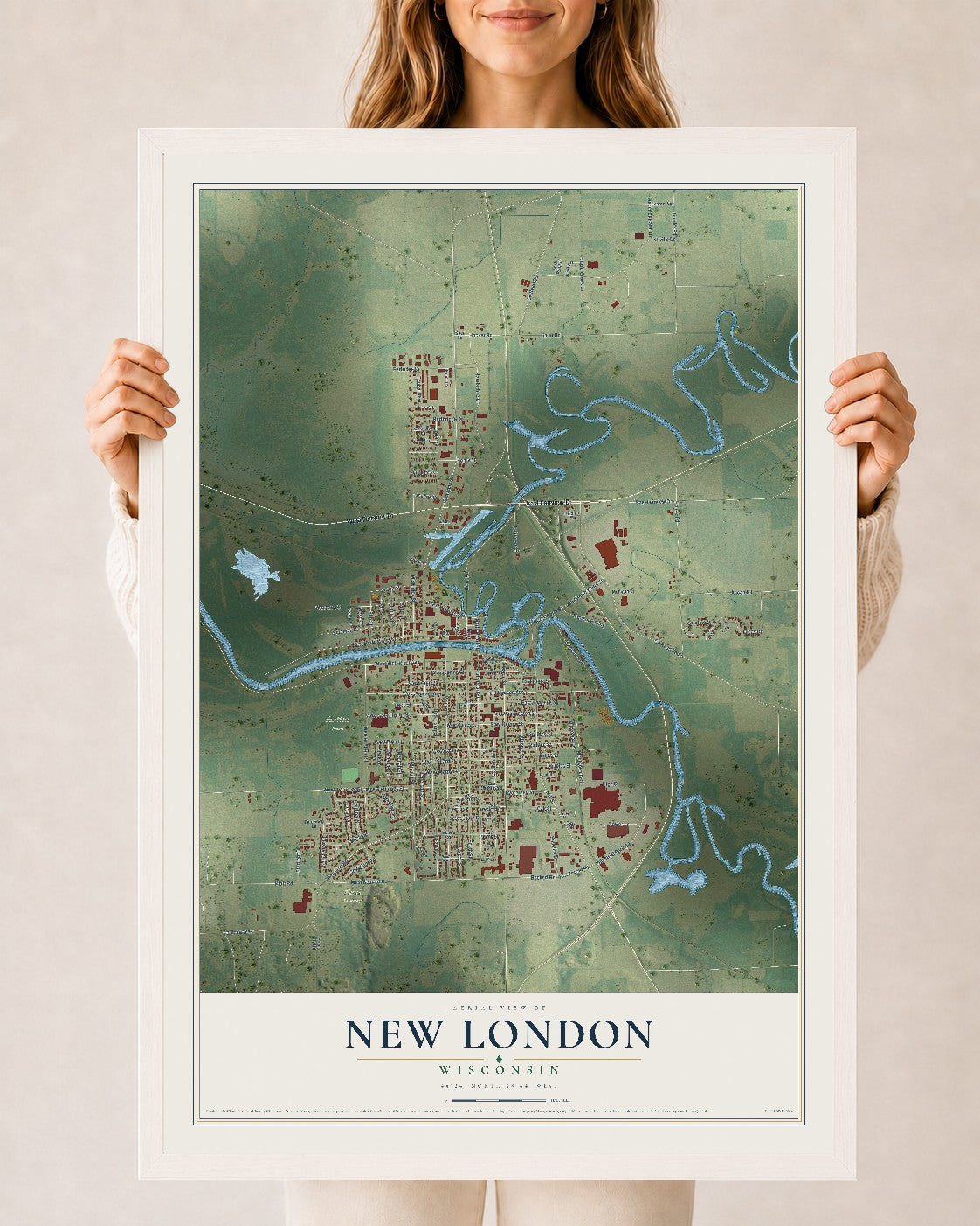Map of New London, Wisconsin, 24 x 36 inch print in a white wood frame