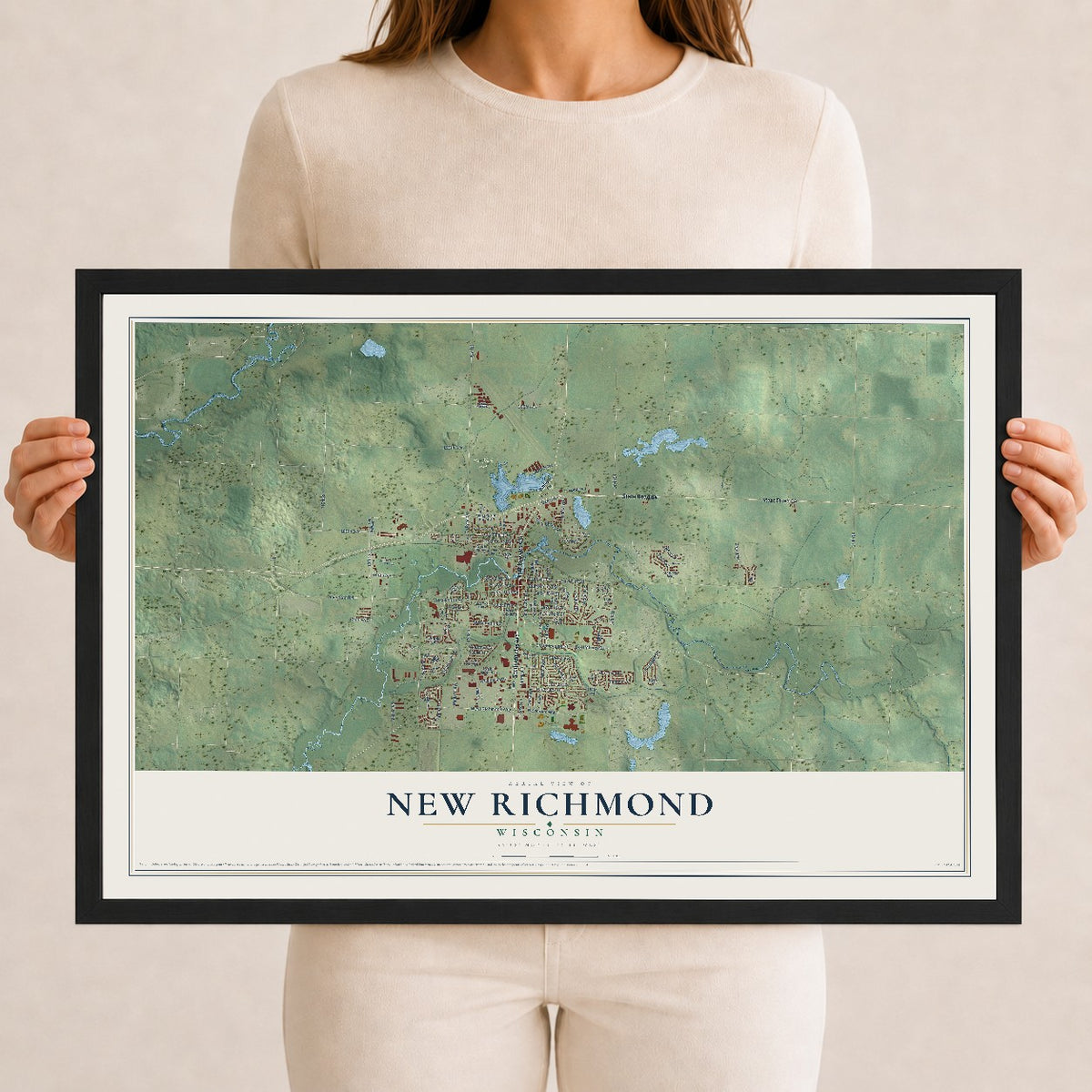 Map of New Richmond, Wisconsin, 12 x 18 inch print in a black wood frame