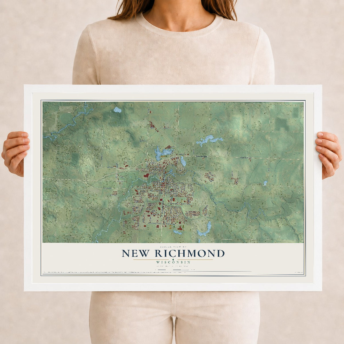 Map of New Richmond, Wisconsin, 12 x 18 inch print in a white wood frame