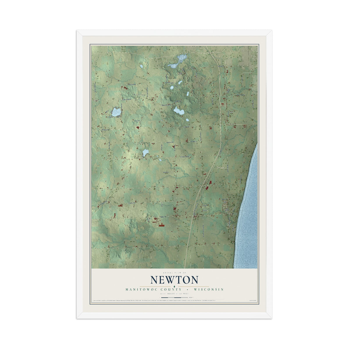 Map of Newton, Manitowoc County, Wisconsin, 12 x 18 inch print in a white wood frame