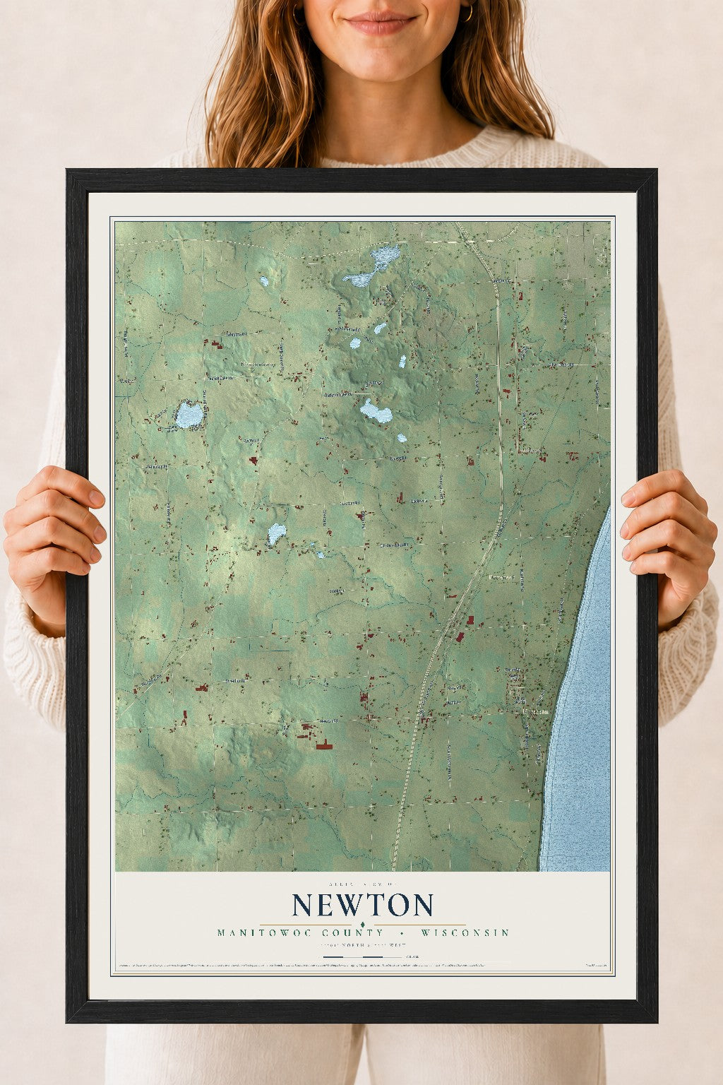 Map of Newton, Manitowoc County, Wisconsin, 18 x 24 inch print in a black wood frame