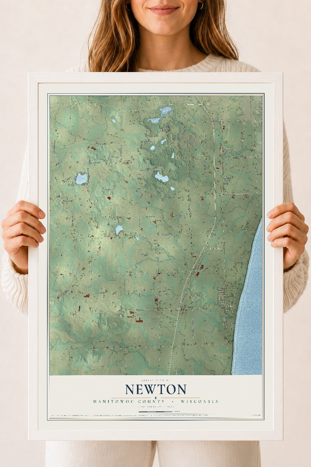 Map of Newton, Manitowoc County, Wisconsin, 18 x 24 inch print in a white wood frame
