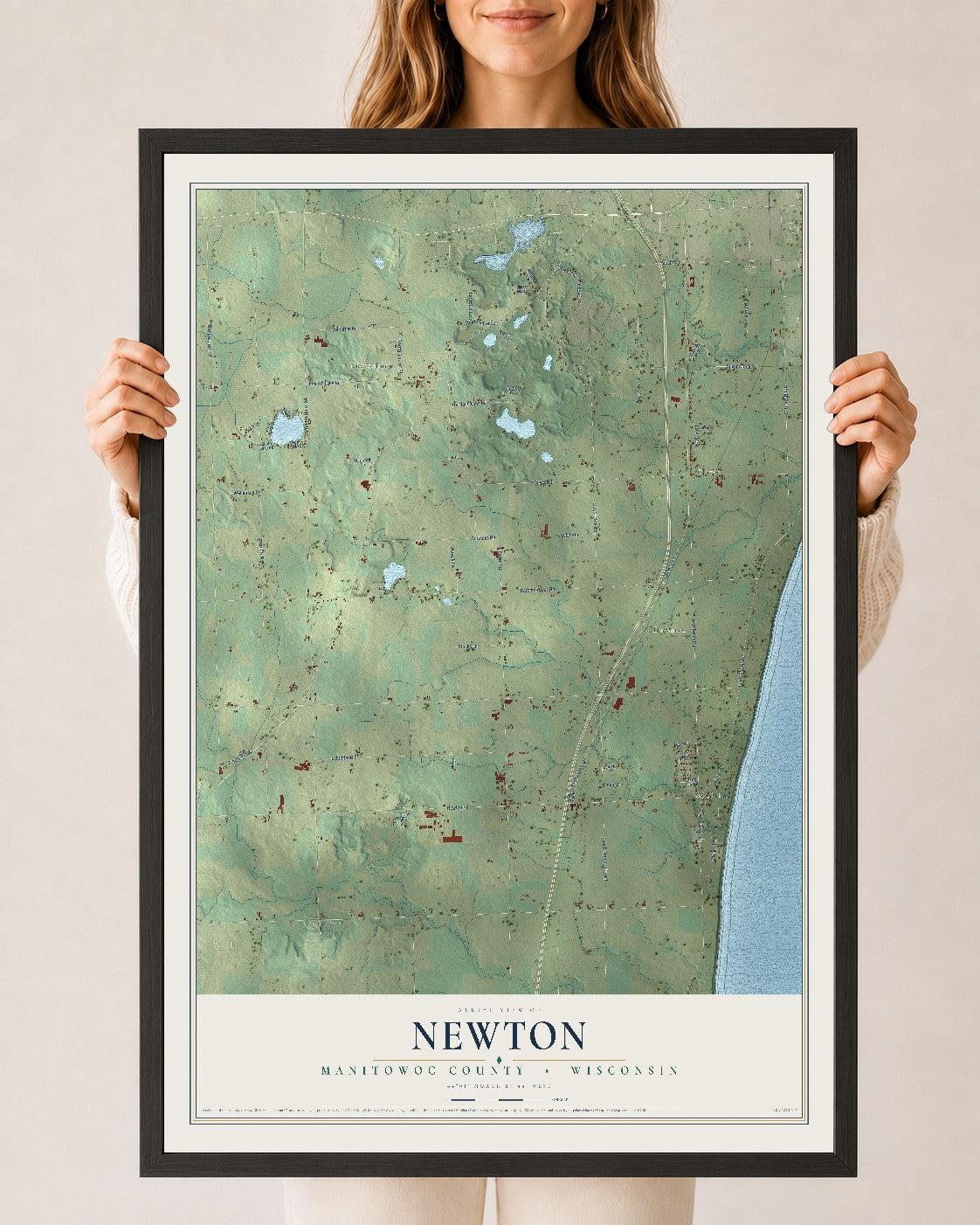 Map of Newton, Manitowoc County, Wisconsin, 24 x 36 inch print in a black wood frame