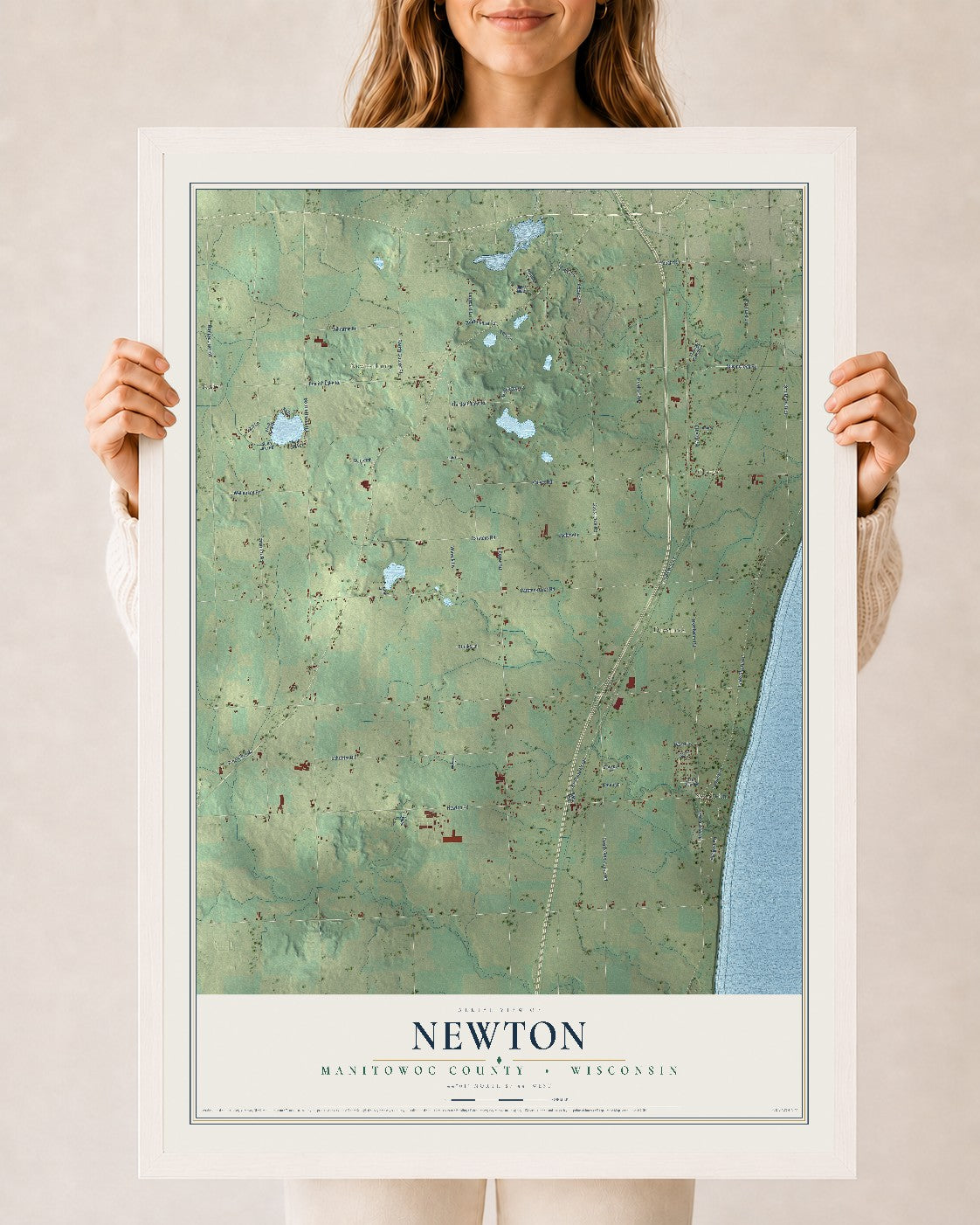 Map of Newton, Manitowoc County, Wisconsin, 24 x 36 inch print in a white wood frame