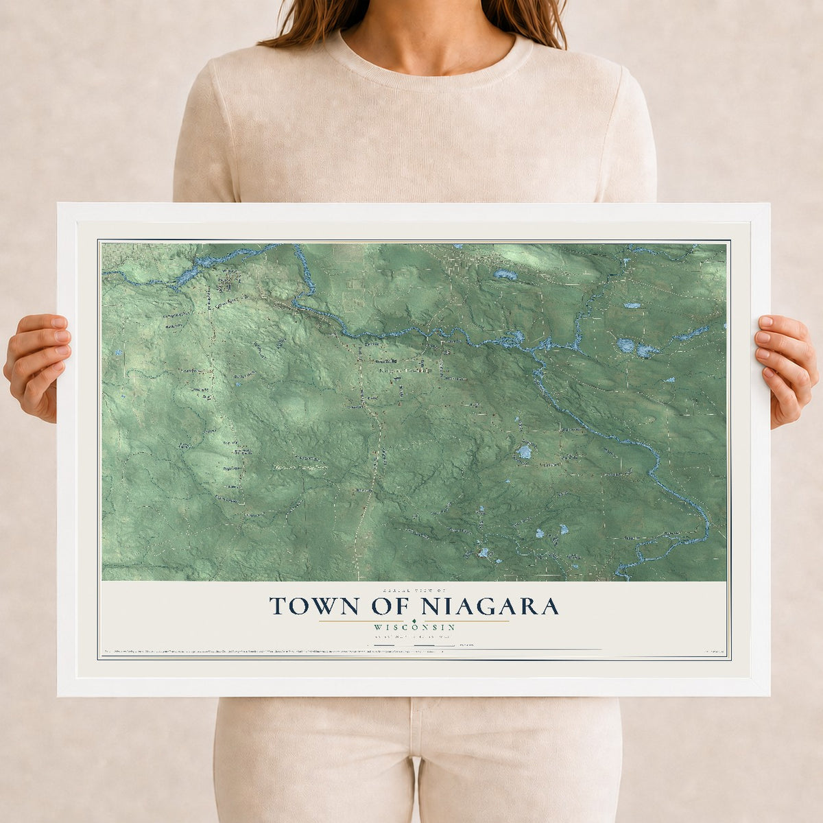 Map of the Town of Niagara, Wisconsin, 12 x 18 inch print in a white wood frame