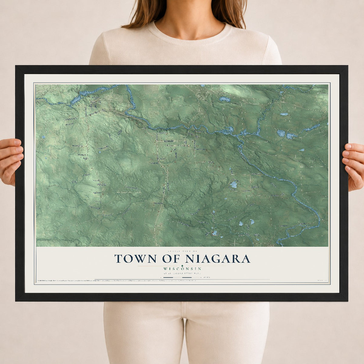 Map of the Town of Niagara, Wisconsin, 18 x 24 inch print in a black wood frame