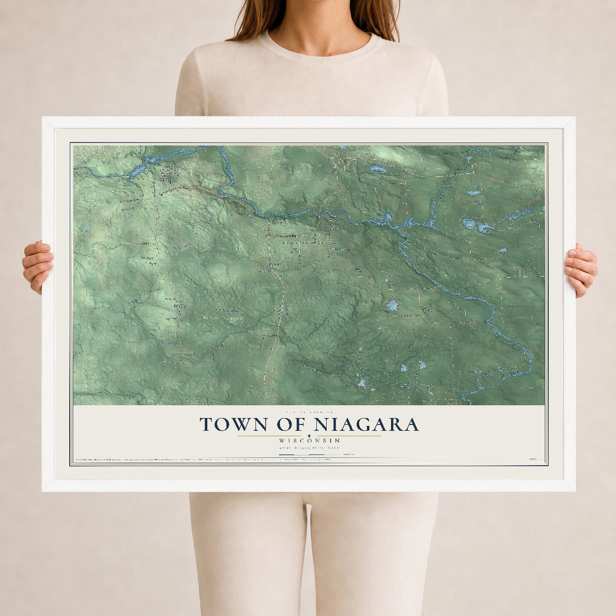 Map of the Town of Niagara, Wisconsin, 24 x 36 inch print in a white wood frame