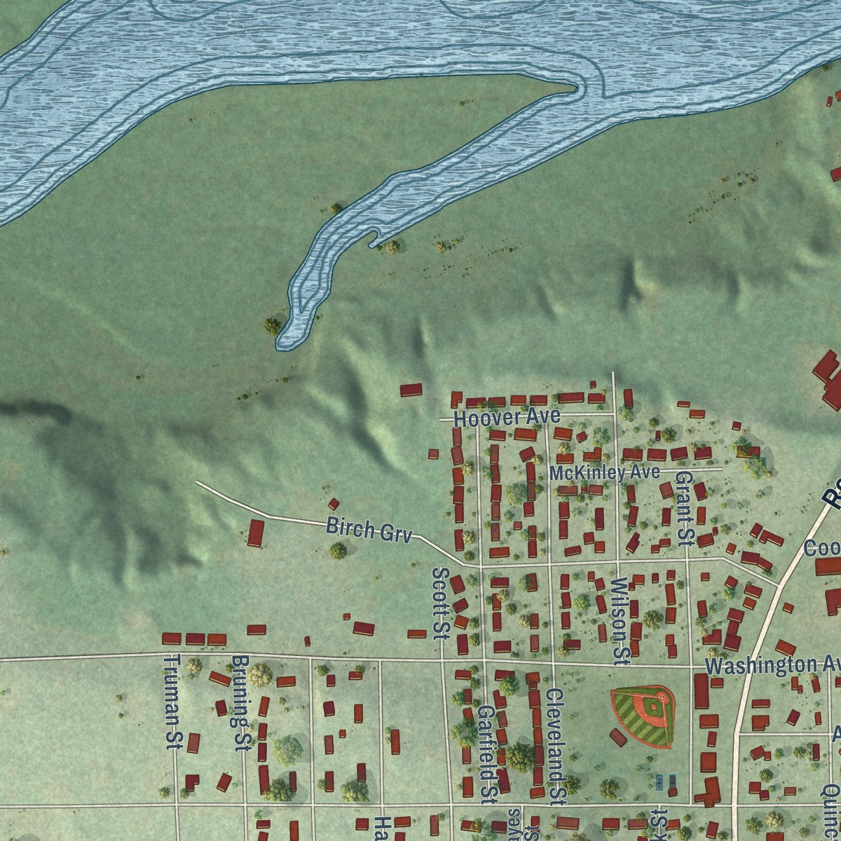 Close-up of the map of Niagara, Wisconsin print showing street and building detail