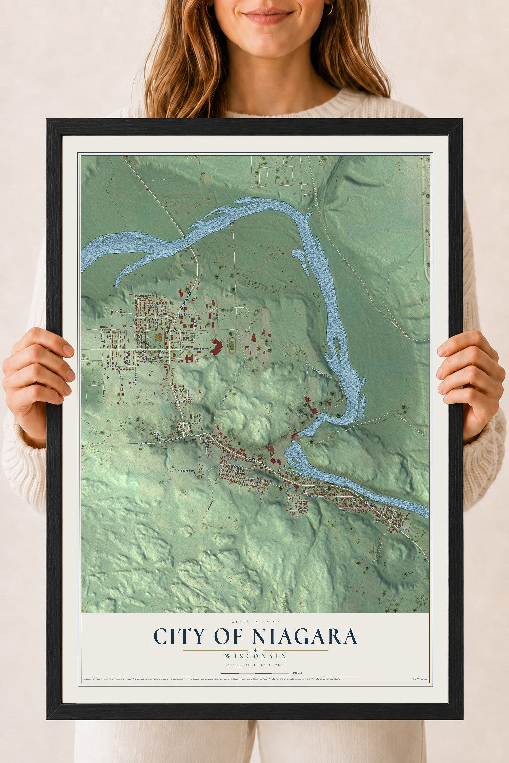 Map of Niagara, Wisconsin, 18 x 24 inch print in a black wood frame