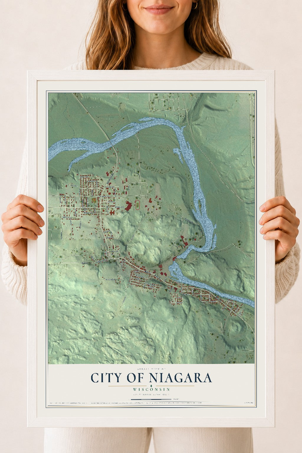 Map of Niagara, Wisconsin, 18 x 24 inch print in a white wood frame