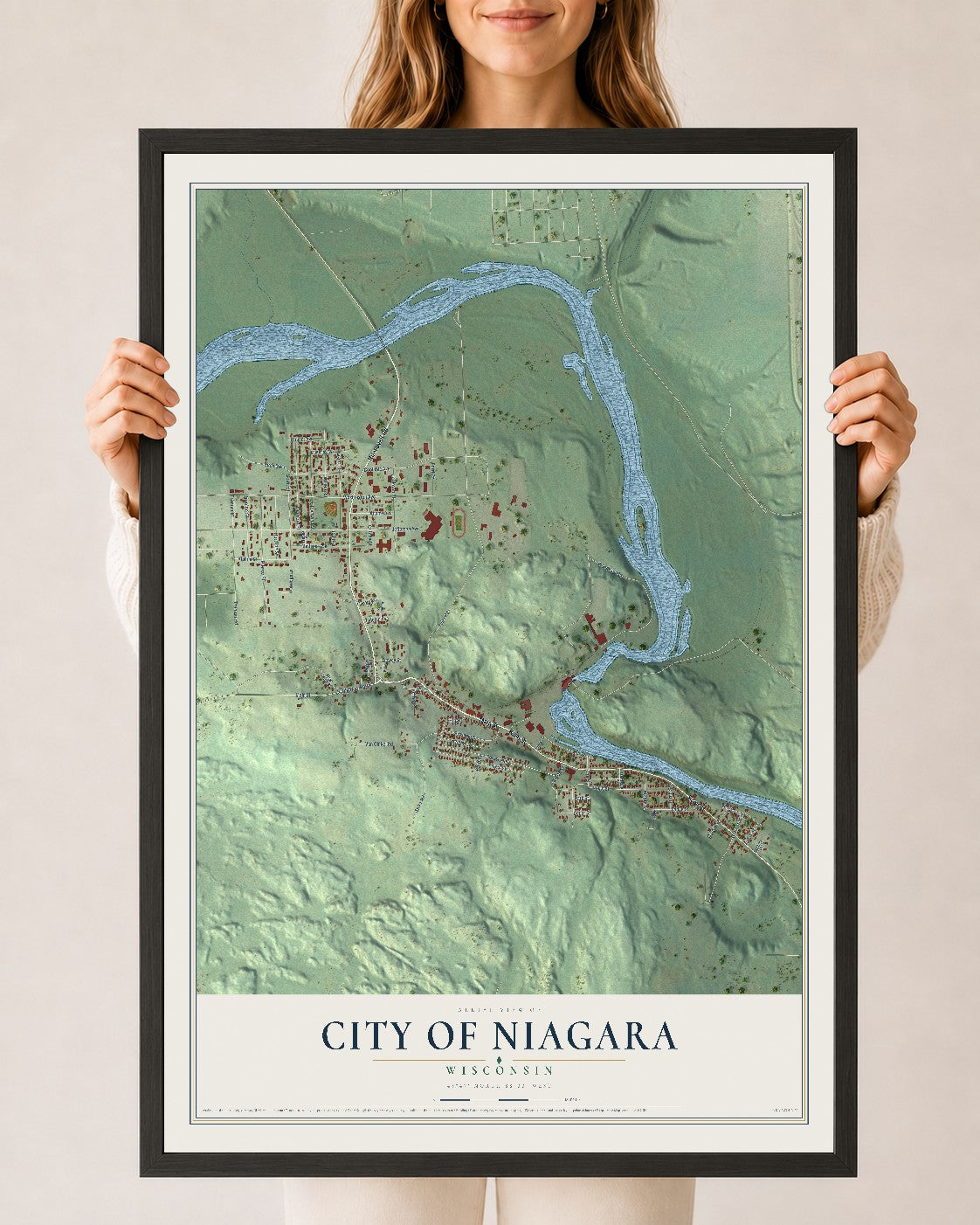 Map of Niagara, Wisconsin, 24 x 36 inch print in a black wood frame