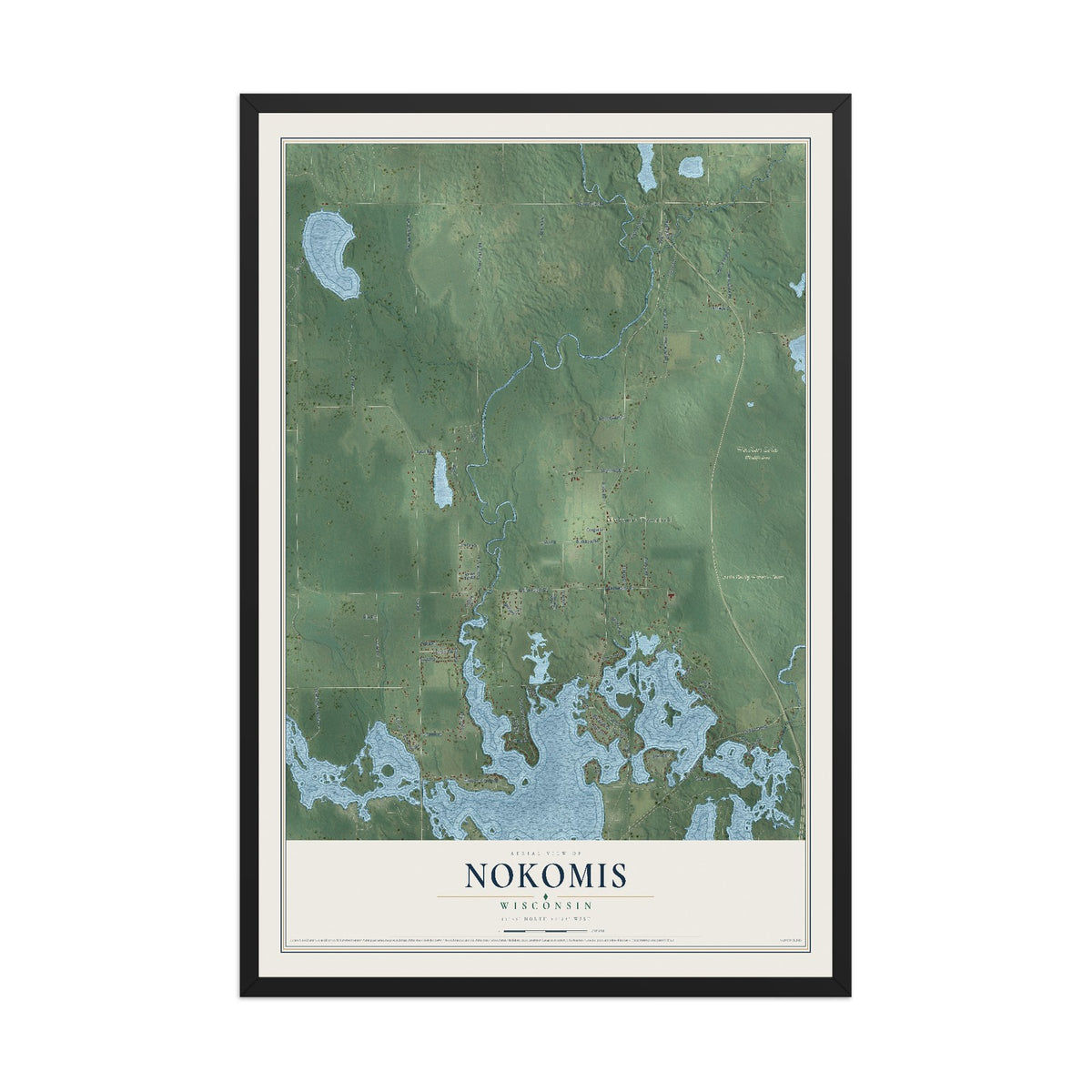 Map of Nokomis, Wisconsin, 12 x 18 inch print in a black wood frame