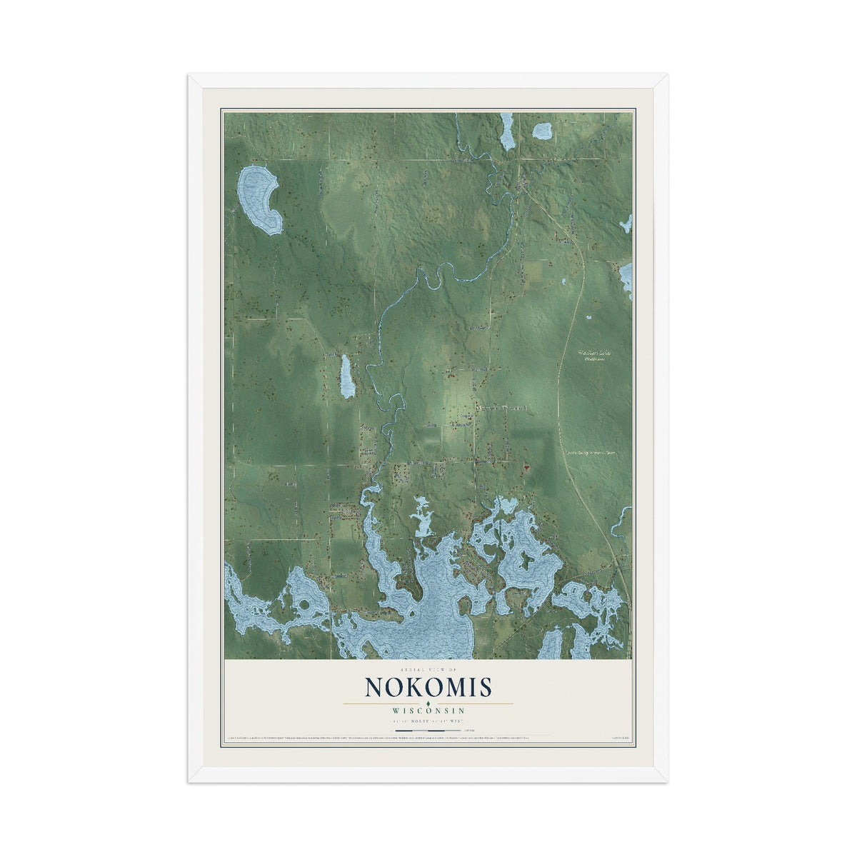 Map of Nokomis, Wisconsin, 12 x 18 inch print in a white wood frame