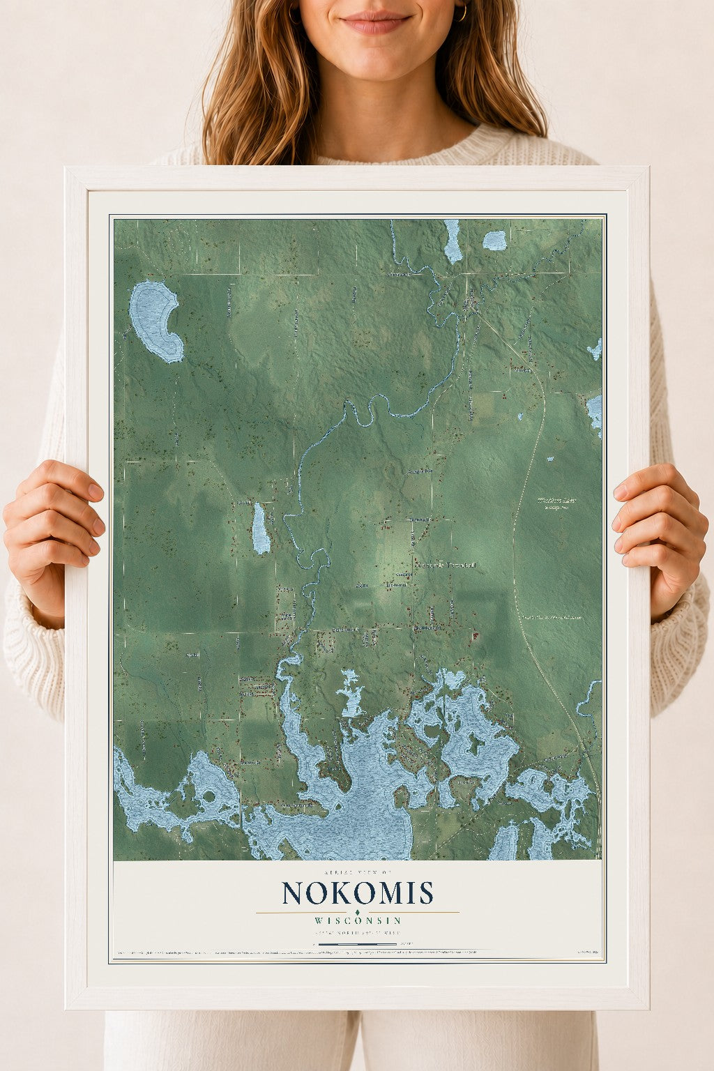 Map of Nokomis, Wisconsin, 18 x 24 inch print in a white wood frame