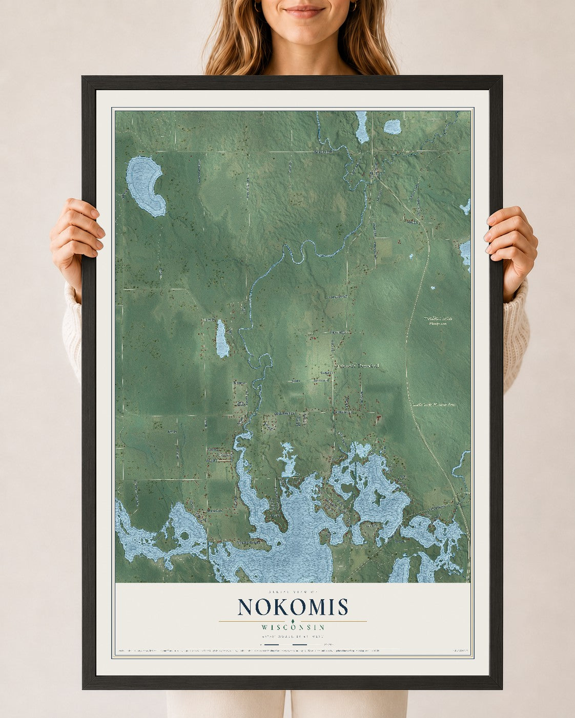 Map of Nokomis, Wisconsin, 24 x 36 inch print in a black wood frame